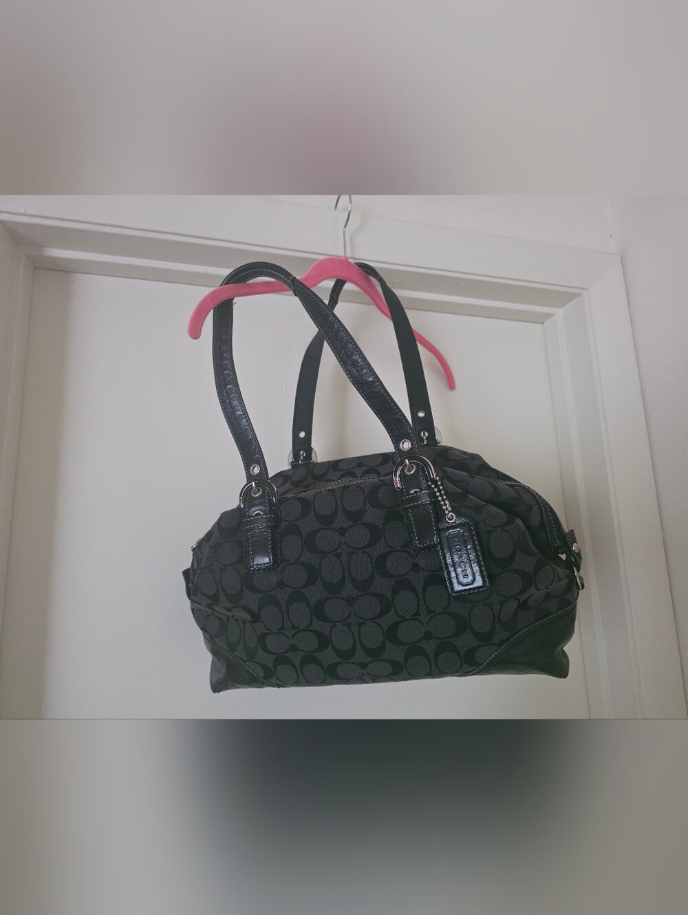 Coach Black Signature Jacquard Shoulder Bag / Satchel – Leather Trim